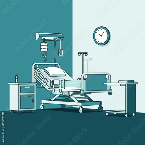 Hospital Room Interior Illustration With Bed, Clock, and Medical Equipment Depicted