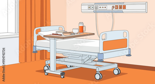 Hospital Room Interior Illustration with Bed, Food Tray, Curtains, and Wall Fixtures