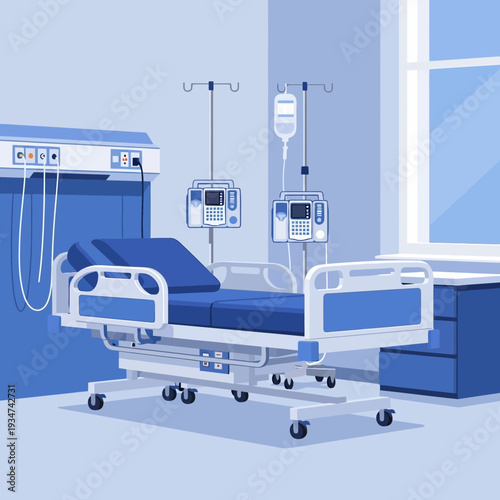 Hospital Room Interior Illustration With Medical Bed, Equipment, And Window View