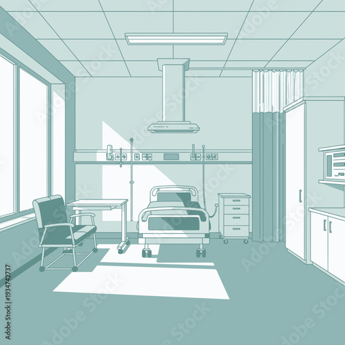 Hospital Room Interior Illustration With Medical Bed, Furniture, And Sunlight, Artistic Perspective
