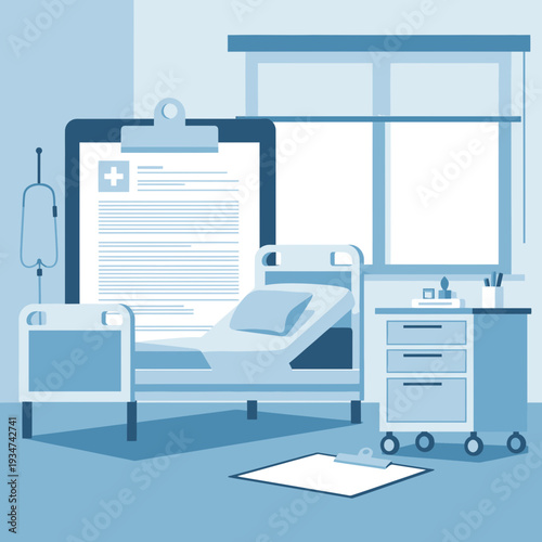 Hospital Room Interior Illustration With Bed, Medical Chart, And Supportive Accessories