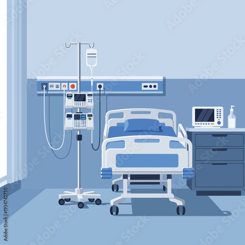 Hospital Room Interior Illustration With Bed, Medical Equipment, And Infusion Stand Presentation