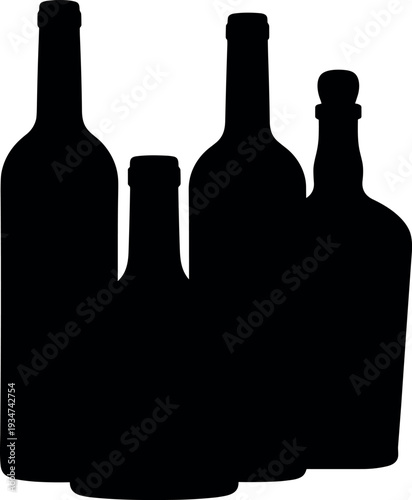 Silhouette of four assorted alcohol bottles grouped together