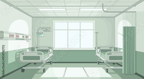 Hospital Room Interior Illustration With Medical Beds And Lighting Fixtures