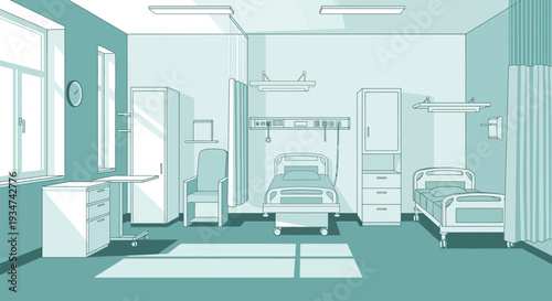 Hospital Room Interior Illustration With Medical Beds, Design In Shades of Turquoise