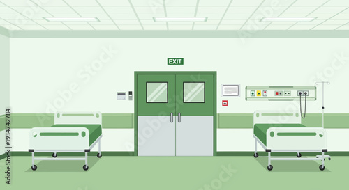 Hospital Room Interior Illustration With Medical Beds, Exit Sign And Equipment