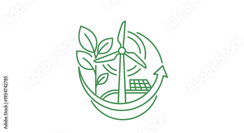 Sustainable green energy icon with wind turbine, solar panel, and leaves on white background