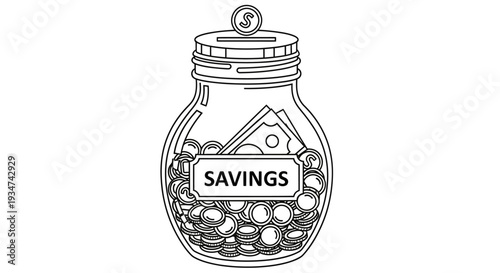 Line art illustration of a glass jar filled with coins and a bank note for money savings
