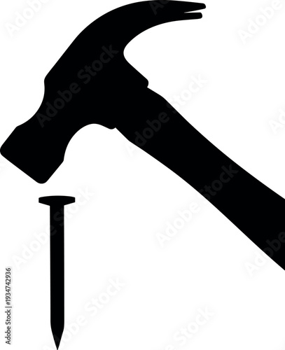 Silhouette of hammer hitting a nail ready for construction or repair work