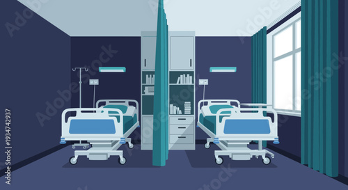 Hospital Room Interior Illustration With Beds And Curtains For Patient Recovery