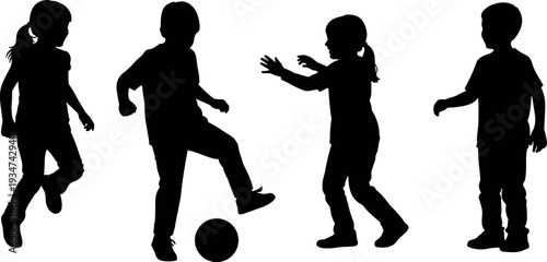 Silhouette of four children playing soccer and standing