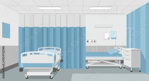 Hospital Room Interior Illustration With Beds Curtains Medical Theme Vector