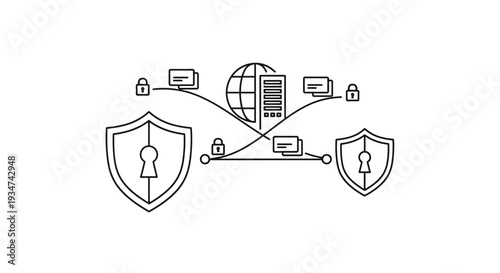 Network security and data protection concept with shields and global server.