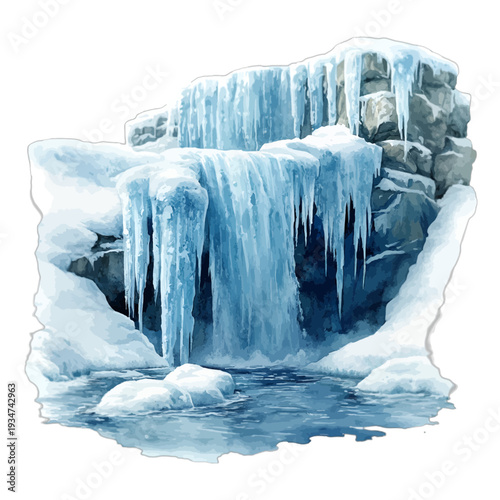 Watercolor Illustration of a Frozen Waterfall with Icy Cliffs and Stalactites