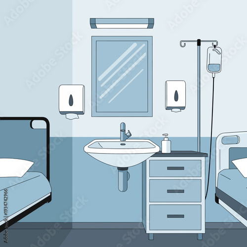 Hospital Room Interior Illustration With Beds, Sink, And Medical Equipment, Vector Design