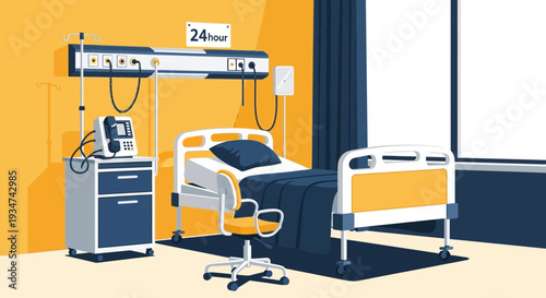 Hospital Room Interior Illustration With Bedside Cabinet and Medical Equipment Imagery