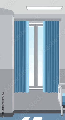 Hospital Room Interior Illustration With Blue Curtains And Natural Light Coming Through Window