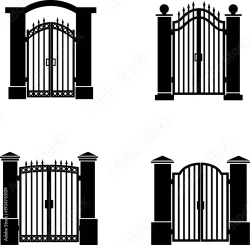 Set of four black wrought iron gate silhouettes with pillars
