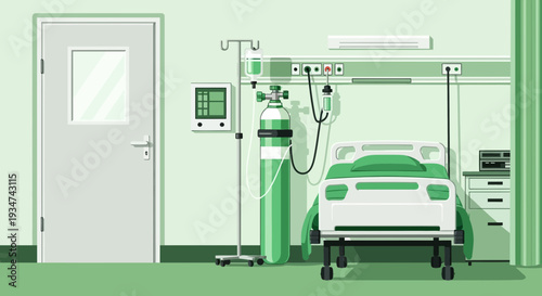 Hospital Room Interior Illustration With Medical Equipment Ready For The Patient.