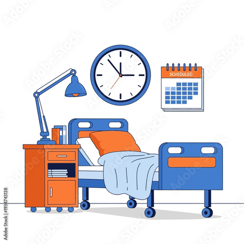 Hospital Room Interior Illustration With Clock Calendar and Bedside Cabinet Vector Design