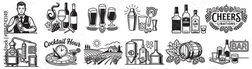 bar and alcohol vector icon set, cocktail beer wine whiskey vodka gin bottles glasses bartender and distillery elements isolated on transparent background