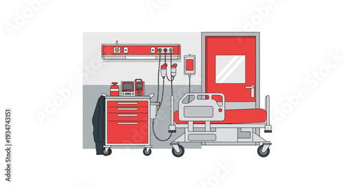 Hospital Room Interior Illustration With Medical Equipment, Red Accents And Bed