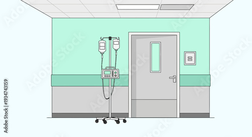 Hospital Room Interior Illustration With Medical Equipment, Treatment, And Door Details