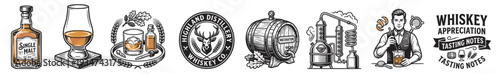 whiskey tasting vector icon set, bottle glass barrel distillery and vintage emblem designs isolated on transparent background