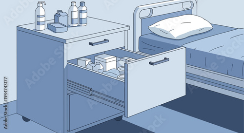 Hospital Room Interior Illustration with Open Drawer and Medical Supplies