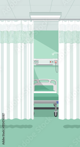 Hospital Room Interior Illustration with Privacy Curtains and Medical Equipment Setup