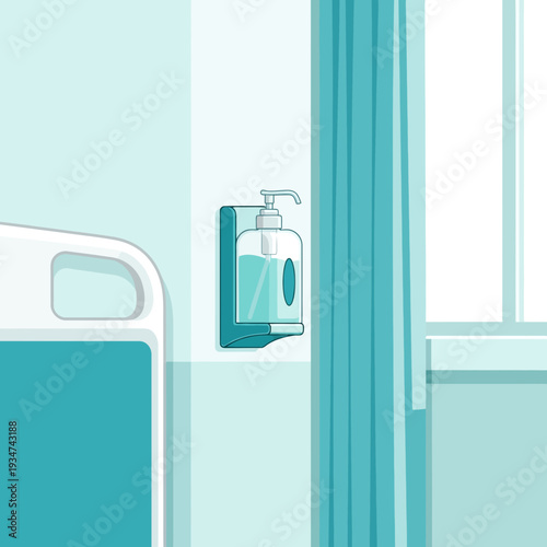 Hospital Room Interior Illustration With Hand Sanitizer Dispenser For Healthcare And Hygiene