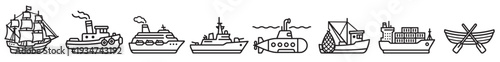 ship and boat vector icon set, marine nautical vessels including sailboat yacht submarine fishing and cargo ships isolated on transparent background