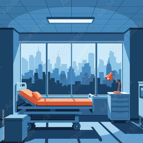 Hospital Room Interior with Modern Bed, Urban Skyline View, and Dim Lighting Illustration
