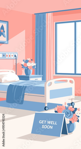 Hospital Room Scene: Artistic Illustration Featuring Bed, Flowers, And Get Well Soon Message