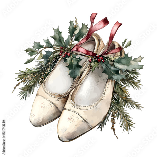 Vintage watercolor ballet flats with holly berries and pine branches