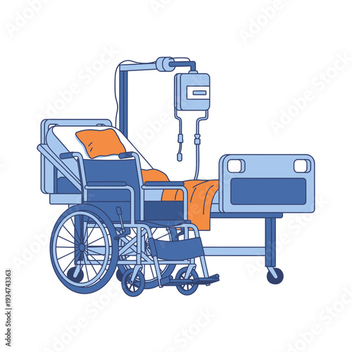 Hospital Room Scene Depicting Medical Equipment, Wheelchair, And Patient Bed For Healthcare