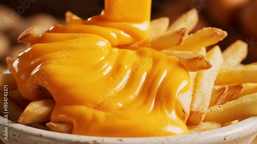Golden french fries with pouring cheese sauce food photography