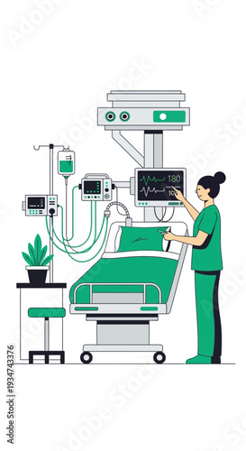 Hospital Room Scene Depicting Medical Monitoring And Healthcare Professional Assistance