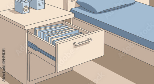 Hospital Room Scene Depicting Medical Supplies and Bedside Cabinet With Documents