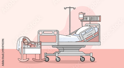 Hospital Room Scene Depicting Newborn Infant, Medical Equipment, and Patient Bed Illustration