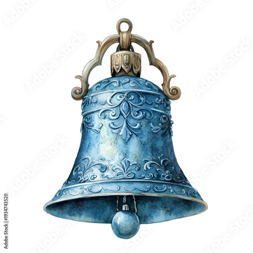 Watercolor Ornate Blue Christmas Bell with Embossed Filigree and Gold Top Clipart