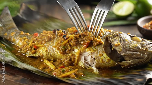 Gourmet dish served on a wooden platter with herbs and garnishes