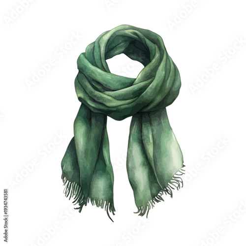 Green watercolor winter scarf with fringe and soft draped texture