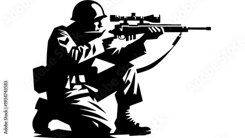Soldier aiming rifle in combat position, kneeling with helmet, illustration of warfare scene