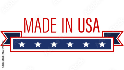 American flag emblem with ribbon and stars symbolizing USA manufacturing and patriotism