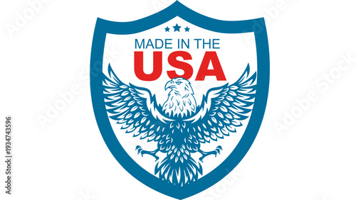 An eagle emblem on a shield with the text Made in the USA, symbolizing patriotism and national pride, in a graphic illustration format.