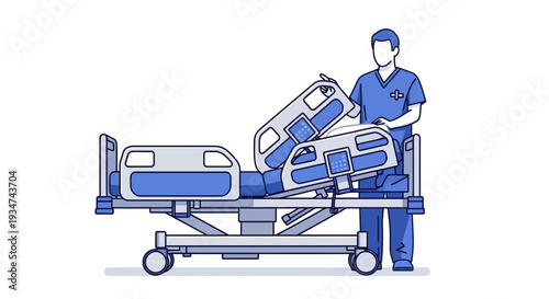 Hospital Room Scene Showing A Medical Bed Being Adjusted By A Healthcare Professional