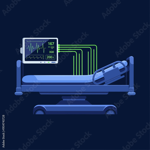 Hospital Room Visualization: Animated Bed, Vital Signs Monitor, Patient Care Illustration