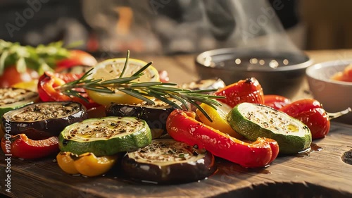 Grilled vegetables arrangement displayed on wooden surface