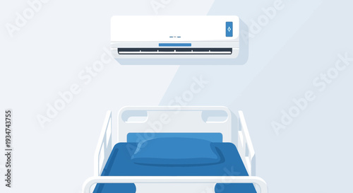 Hospital Room With Bed And Air Conditioner Abstract Blue Tone Design Illustration